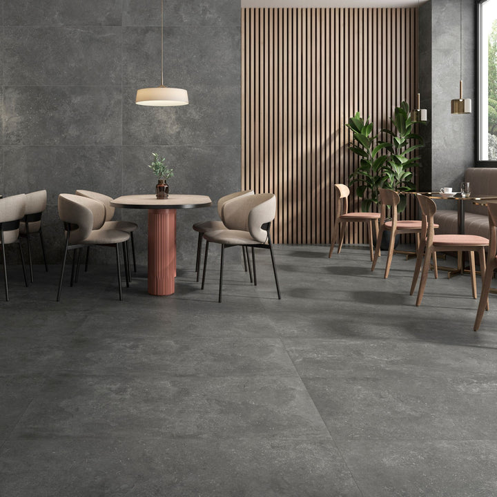 Porcelanato Cassian Coal 60x120 Cemento Gris Oscuro - ambiente instalado