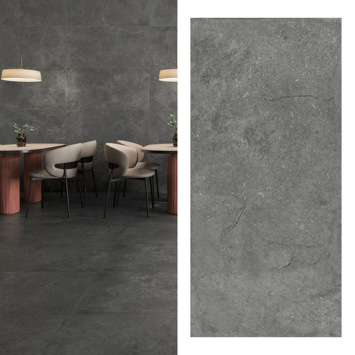 Porcelanato Cassian Coal 60x120 Cemento Gris Oscuro - vista mixta